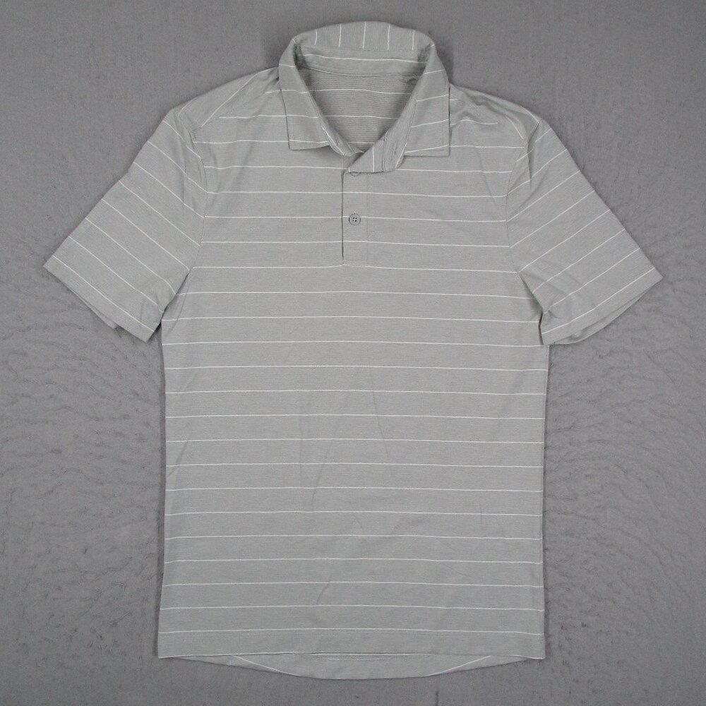 Lululemon Polo Shirt Men Small Gray Striped Short Sleeve Active Work Golf Travel